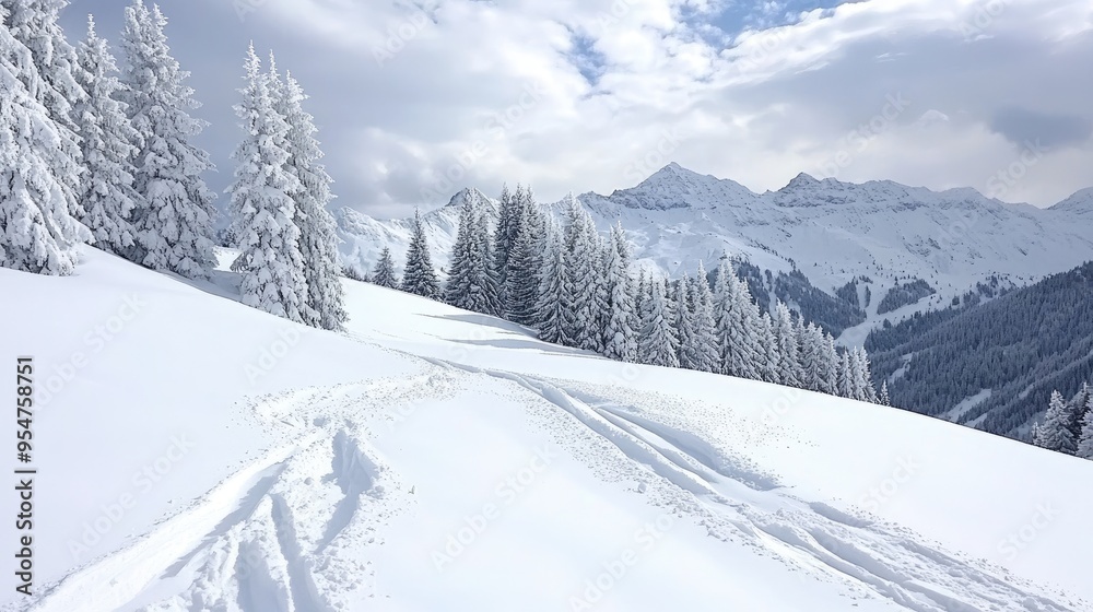 A stunning winter vista featuring heavy snow on a dense pine forest, illuminated by sunlight beneath a cloudy sky from the top of a ski slope A stunning winter vista featuring heavy snow on a dense pine forest, illuminated by sunlight beneath a cloudy sky from the top of a ski slope