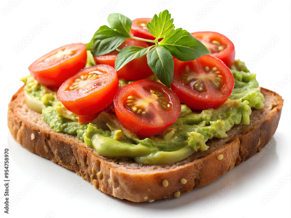 Whole grain toast topped with smashed avocado and tomatoes sliced, isolated on white background Whole grain toast topped with smashed avocado and tomatoes sliced, isolated on white background