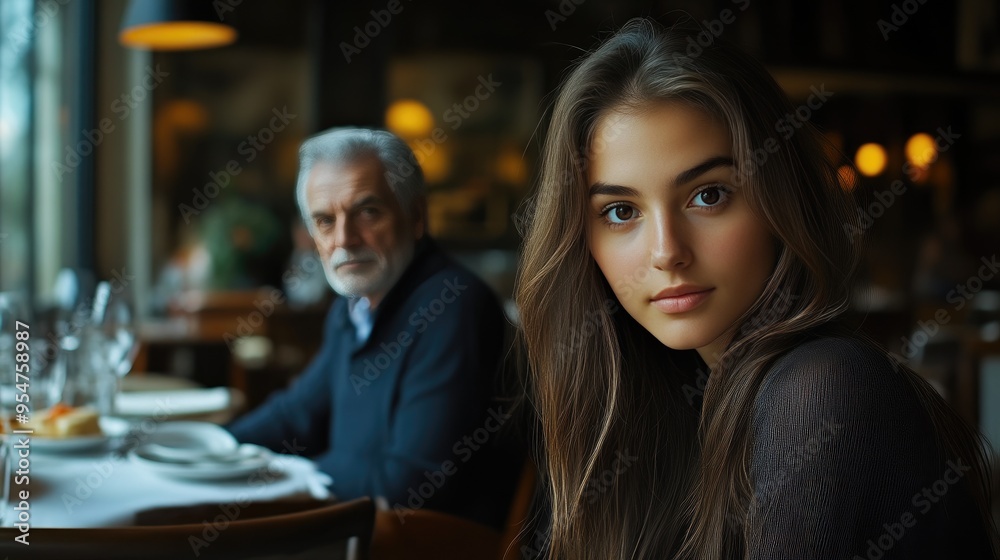 Charming Restaurant Scene: Young Waitress and Elderly Patron Charming Restaurant Scene: Young Waitress and Elderly Patron