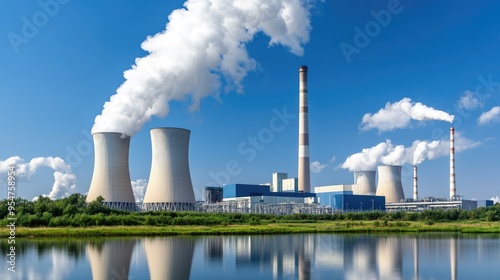 Smoke billows from the chimneys of a power plant near an ocean, with lush land in the foreground and a vibrant blue sky overhead