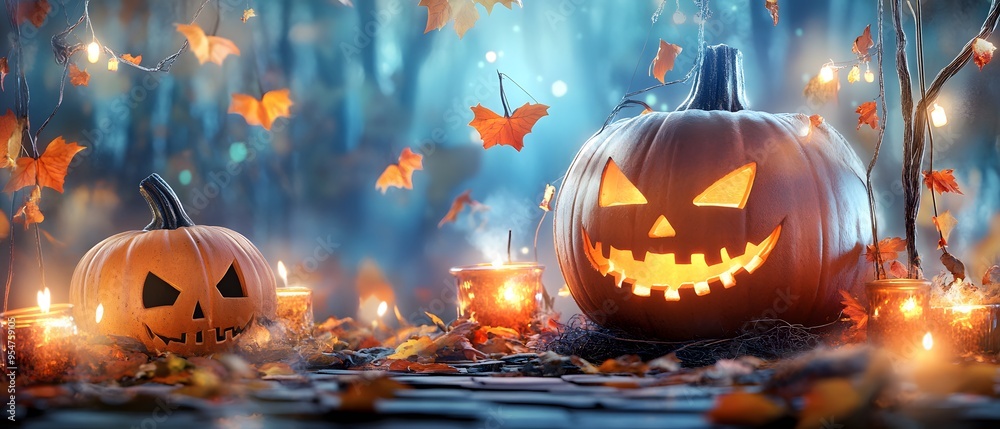 Jack-o'-lantern with Glowing Candles and Fall Leaves. Jack-o'-lantern with Glowing Candles and Fall Leaves.