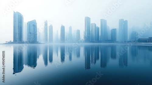 Futuristic city skyline reflected in water