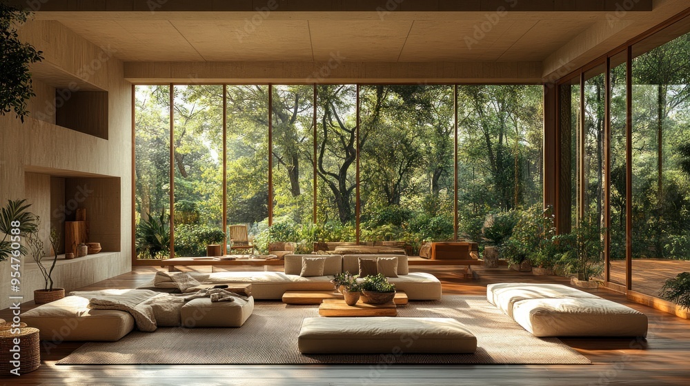 Fototapeta premium Serene living space with large windows and natural greenery.