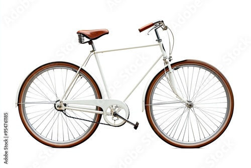 White bicycle with brown saddle and tires isolated on white background.