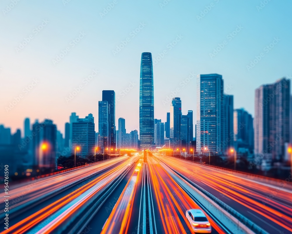 A vibrant cityscape at dusk showcasing modern architecture and traffic lights creating dynamic light trails. A vibrant cityscape at dusk showcasing modern architecture and traffic lights creating dynamic light trails.