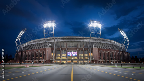 Wide-Angle Shot of a Floodlit Stadium at Night