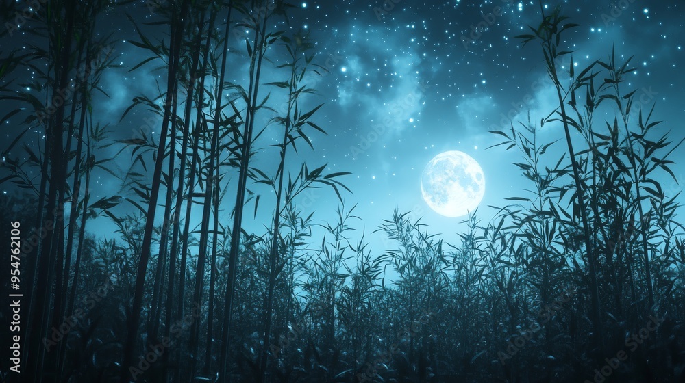Naklejka premium Silhouetted Bamboo Forest Under a Full Moon and Starry Sky
