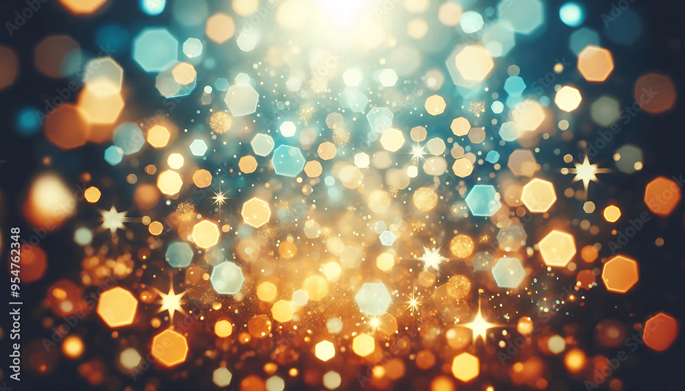 A blurred background featuring a mix of golden and soft blue bokeh lights creating a dreamy festive atmosphere. The lights vary in size and shape with some appearing hexagonal and others circular A blurred background featuring a mix of golden and soft blue bokeh lights creating a dreamy festive atmosphere. The lights vary in size and shape with some appearing hexagonal and others circular