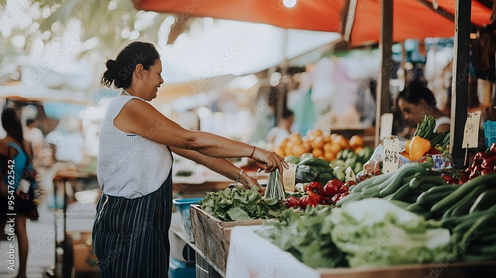 Naklejka premium A woman at a farmer's market, selecting fresh produce.