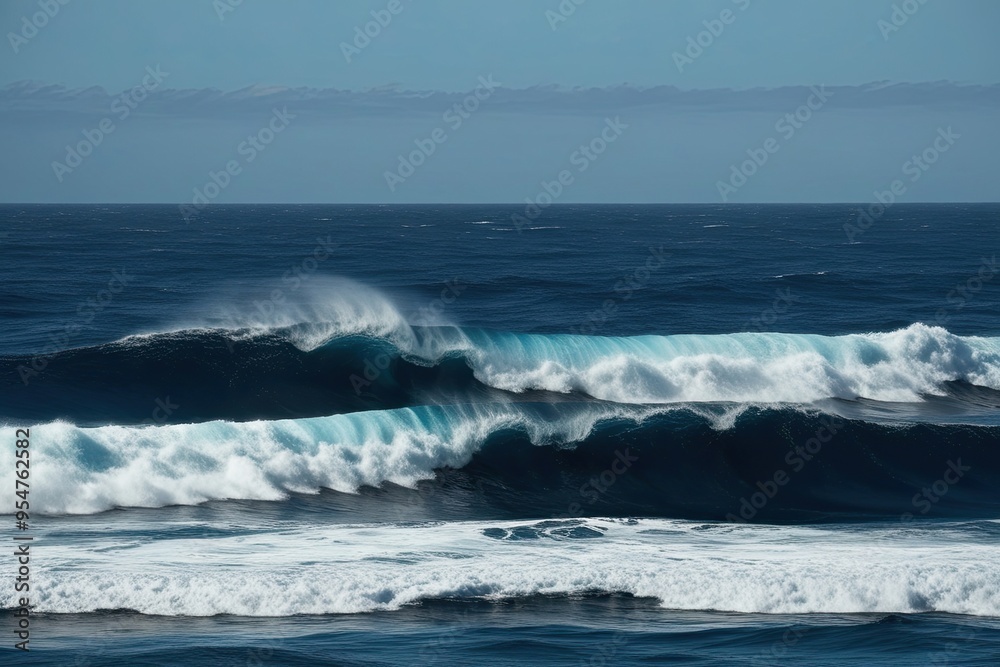 Distinct Ocean Waves Rendering in Dark Blue Waters Emphasizing Wave Strength Distinct Ocean Waves Rendering in Dark Blue Waters Emphasizing Wave Strength
