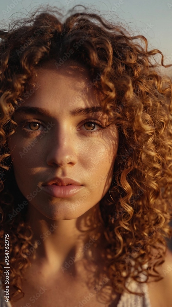 Closeup portrait of a suntanned young woman with long curly hair looking into the camera at sunset. Kinky hair. Curly haircuts. Models of diversity. Hair care. Natural curls. Warm colour type Closeup portrait of a suntanned young woman with long curly hair looking into the camera at sunset. Kinky hair. Curly haircuts. Models of diversity. Hair care. Natural curls. Warm colour type