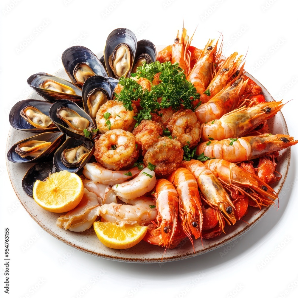 Plate of Cooked Shrimp, Mussels, and Lemon Wedges Plate of Cooked Shrimp, Mussels, and Lemon Wedges