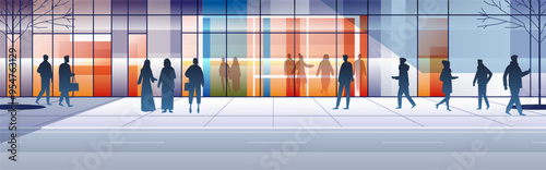 City street pedestrians urban scene modern architecture silhouettes colorful glass building trees sidewalk