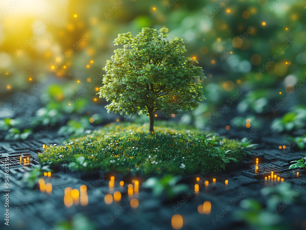 A vibrant tree grows on a textured surface, surrounded by lush greenery and glowing lights, symbolizing nature and technology.