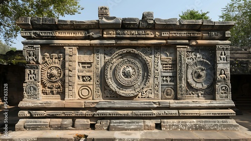 Side view of ancient Indian temples celestial observatory featuring elaborate stone sundial astronomical symbols Priests scholars are conducting observations and rituals based on celestial alignments