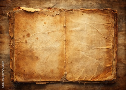 Photo image of a worn, aged book page with a grungy brown paper texture and visible fibers, distressed and torn in places. photo