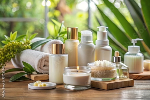 A collection of various skin care products sit neatly arranged on the spa table, awaiting their turn to nourish and rejuvenate.