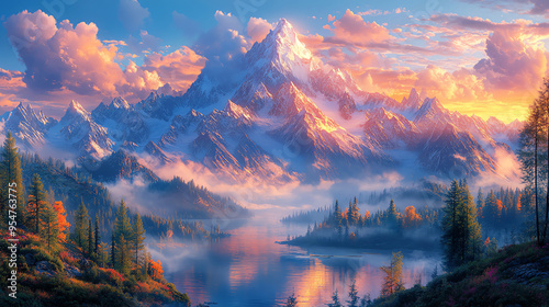 Breathtaking mountain landscape at sunrise, showcasing vibrant colors and serene reflections in a tranquil lake.