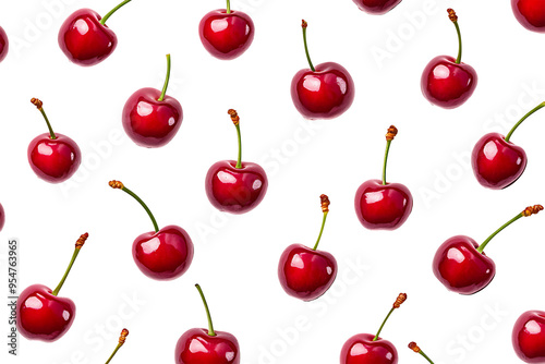 Red Cherry fresh berry pattern from flat view isolated on Transparent PNG