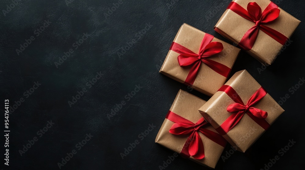 Gifts Wrapped in Brown Paper with Red Ribbons Gifts Wrapped in Brown Paper with Red Ribbons