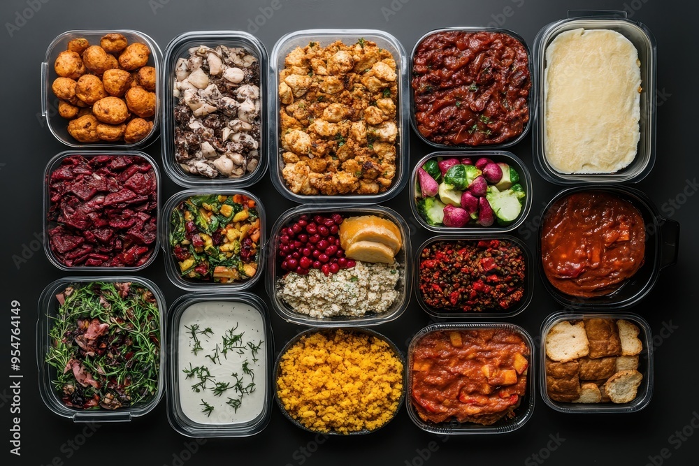 Thanksgiving Leftovers: A creative flat lay of leftover Thanksgiving dishes neatly packed into containers, ready to be stored or given away. The image showcases the delicious variety of foods that rem Thanksgiving Leftovers: A creative flat lay of leftover Thanksgiving dishes neatly packed into containers, ready to be stored or given away. The image showcases the delicious variety of foods that rem