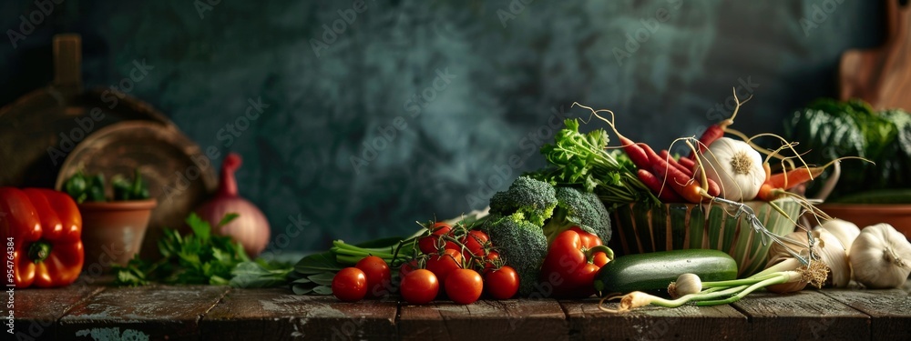 Rustic assortment of fresh vegetables on a wooden table Rustic assortment of fresh vegetables on a wooden table