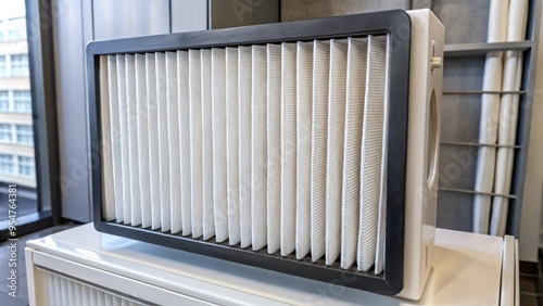 A photo image of a household air filter with a fiberglass mesh and a pleated design, installed in a standard household appliance. photo