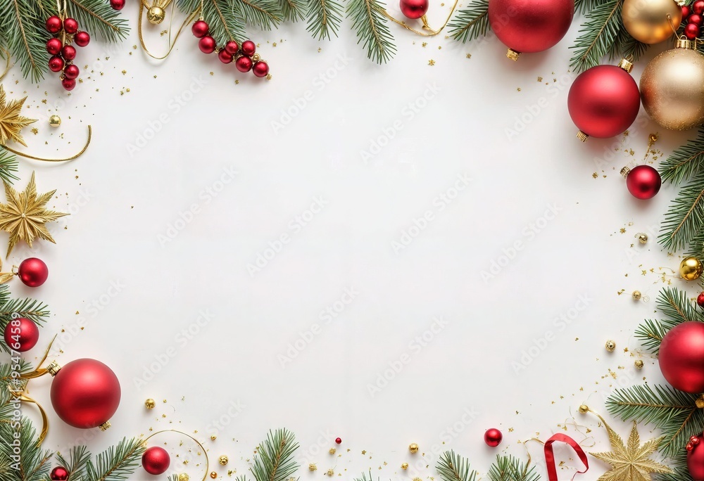 © Pham Ty - Christmas card with red & gold christmas decorations on white background. New Year lights © Pham Ty - Christmas card with red & gold christmas decorations on white background. New Year lights