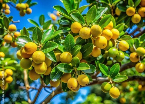 A vibrant photo captures a chebulic myrobalan tree's lush greenery, boasting intricate leaves and clusters of golden yellow fruits ripening on its boughs. photo