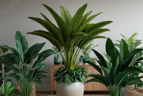 Vivid 3D Showcase of Rhapis Excelsa Plants with Tropical Greenery and Distinct Foliage photo