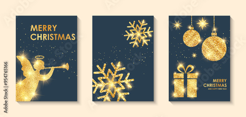 Set of golden cards with angel and gifts, snow and Christmas tree toys on black background. Design concept for Merry Christmas greetings.