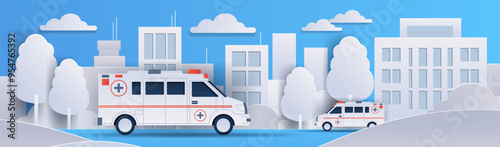Ambulances in urban setting with buildings trees and clouds in paper cut style