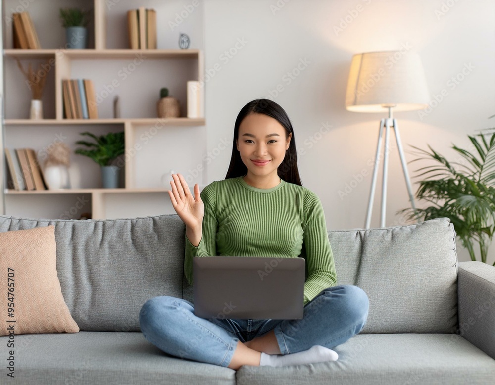 A girl participating in a video conference at home, watching her laptop while sitting on the couch in the living room. She looks at the camera with space around her. A girl participating in a video conference at home, watching her laptop while sitting on the couch in the living room. She looks at the camera with space around her.