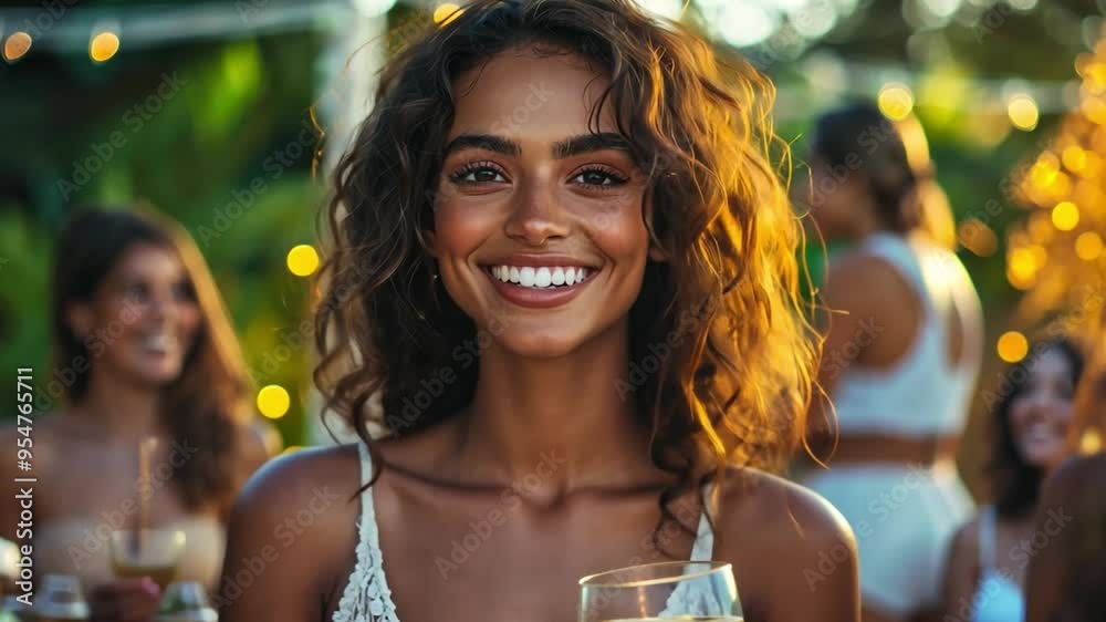 A beautiful woman smiling with friends in a lush backyard, holding drinks, and enjoying lively conversation during a summer party. A beautiful woman smiling with friends in a lush backyard, holding drinks, and enjoying lively conversation during a summer party.