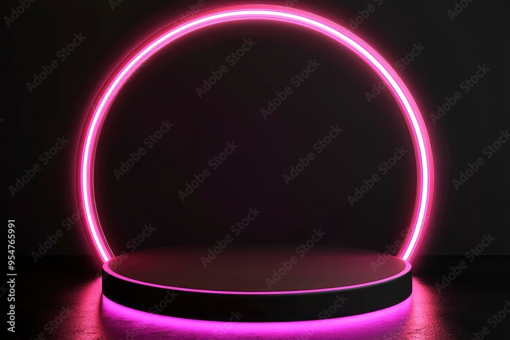 Black Friday Sale Concept. Empty circle pedestal for product displays with Pink neon arch lighting on black background. Vector illustration with generative ai Black Friday Sale Concept. Empty circle pedestal for product displays with Pink neon arch lighting on black background. Vector illustration with generative ai