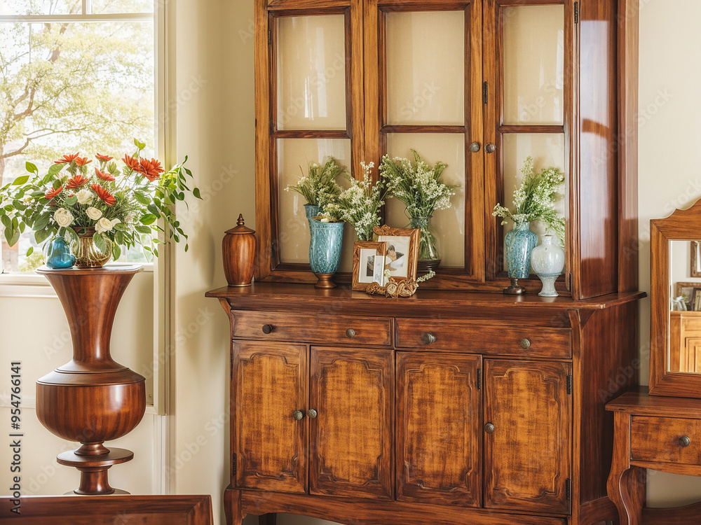 This image shows a large wooden cabinet with flowers and vases on top.
This image shows a large wooden cabinet with flowers and vases on top.