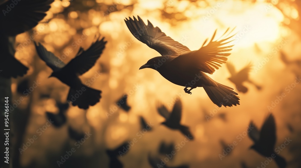 Obraz premium A flock of birds takes flight at sunset over a tranquil forest landscape, painting the sky with warmth and shadows