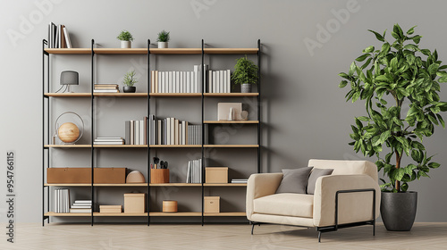 office interior, A modern, open bookcase made of light wood or metal sits beside the sofa. The shelves are neatly organized with a mix of books, decorative objects, and potted plants
