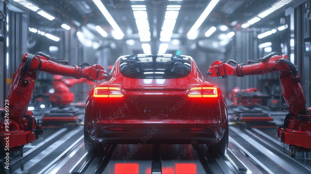 Robotic Assembly Line in Futuristic Car Factory Robotic Assembly Line in Futuristic Car Factory