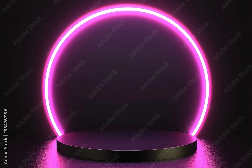Black Friday Sale Concept. Empty circle pedestal for product displays with Pink neon arch lighting on black background. Vector illustration with generative ai