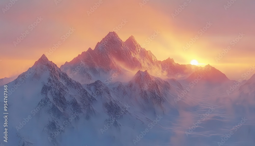 Snow-covered mountain peaks at dawn, with the sun rising behind the frosty peaks, creating a majestic winter scene, Majestic, Warm Tones, Wide Shot