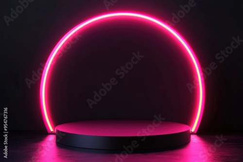 Black Friday Sale Concept. Empty circle pedestal for product displays with Pink neon arch lighting on black background. Vector illustration with generative ai