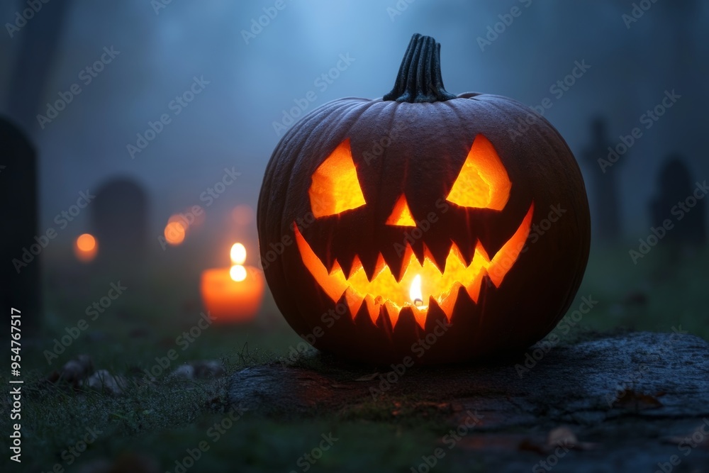 Glowing Halloween Pumpkin In Misty Graveyard, Candles Illuminate Spooky Autumn Atmosphere Glowing Halloween Pumpkin In Misty Graveyard, Candles Illuminate Spooky Autumn Atmosphere