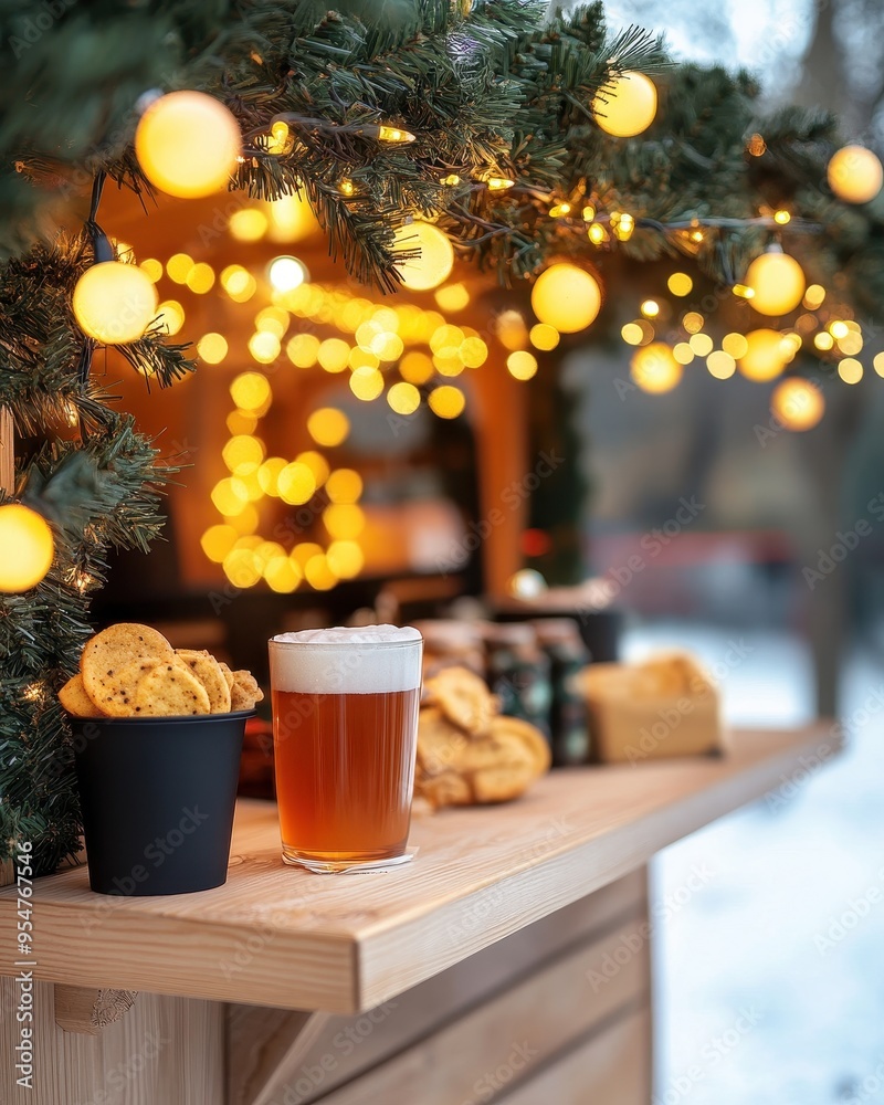 A cozy setup featuring a glass of beer beside delicious cookies, illuminated by twinkling fairy lights. A cozy setup featuring a glass of beer beside delicious cookies, illuminated by twinkling fairy lights.