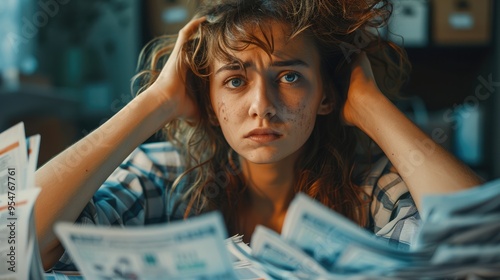 Overwhelmed Woman Facing Financial Stress, Regret and Headache Amidst Bills and Credit Card Statements, Depicting Personal Finance Crisis and Need for Budget. Generative AI. photo