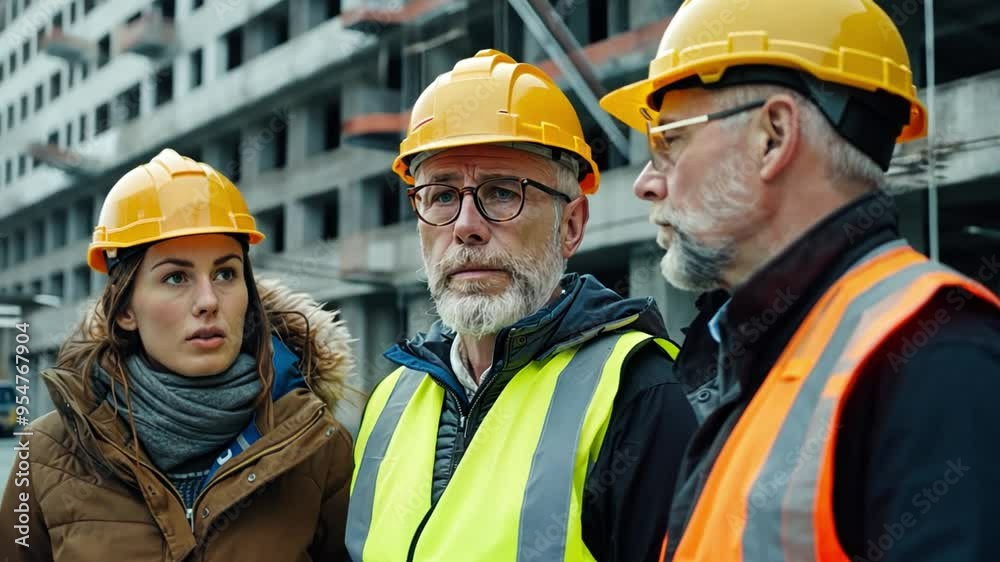 Foreman explaining site plans to an engineering manager and project consultant, with all three in safety helmets and reflective vests. Foreman explaining site plans to an engineering manager and project consultant, with all three in safety helmets and reflective vests.