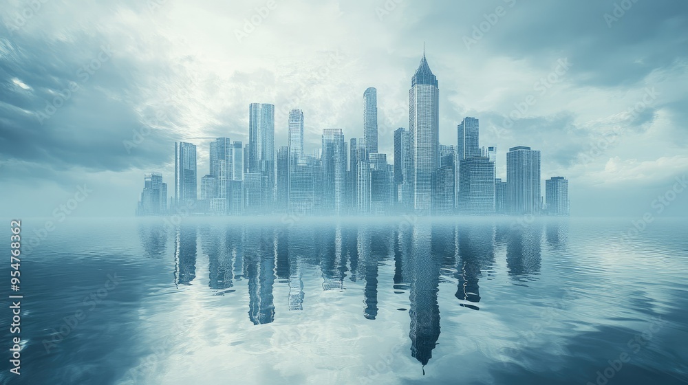 Futuristic city skyline reflected in water Futuristic city skyline reflected in water