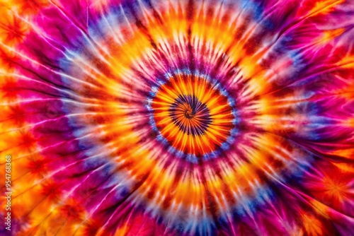 Photo image of a colorful swirling vortex of orange, pink, and purple hues blending together to create a mesmerizing tie-dye effect on a cotton fabric surface.