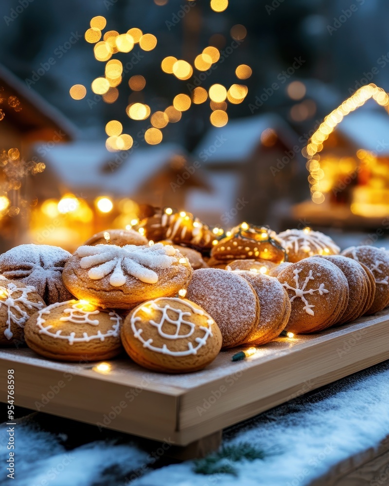 A festive display of beautifully crafted cookies adorned with icing, set against a sparkling holiday backdrop.
