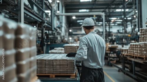 Warehouse Worker Handling Cargo in a Large Industrial Facility